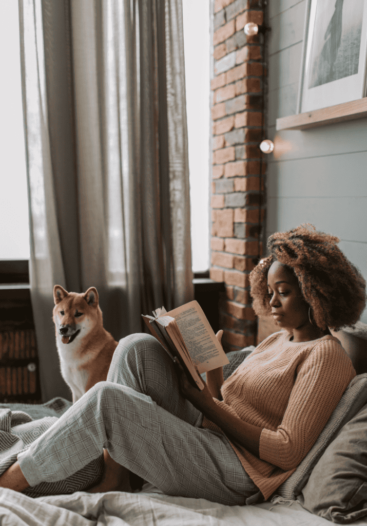Black woman reading books like fourth wing on the couch with her dog. 