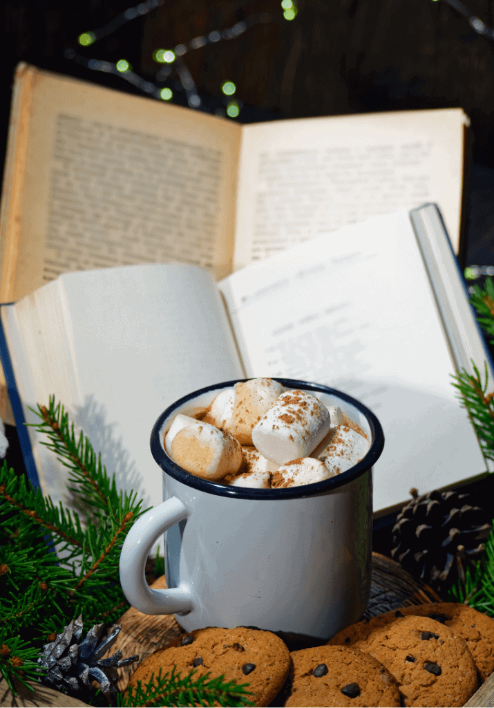 Cozy reading nook with cookies, a steaming cup of  hot chocolate, and a book for a relaxing atmosphere.