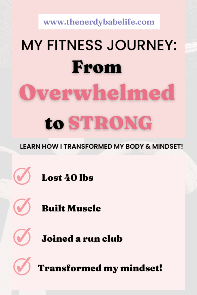 Pin that states my fitness journey: from overwhelmed to strong. 