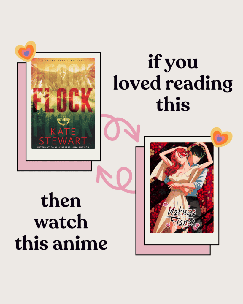 An image of the cover of the book Flock and the anime the Yakuza Fiance. 