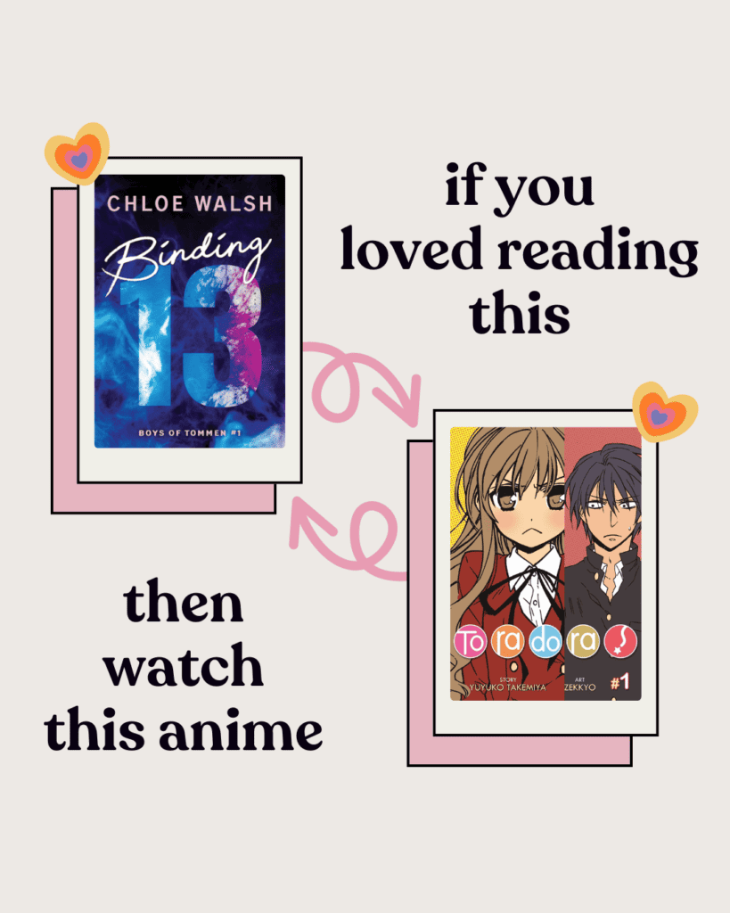 An image of the book Binding 13 and the anime cover of Toradora 