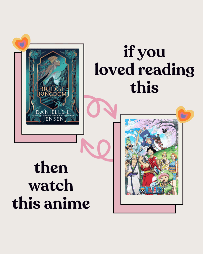 An image of the book the Bridge Kingdom and the anime One Piece