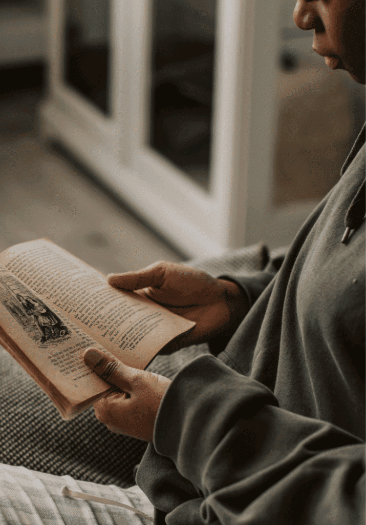 a woman reading her book 