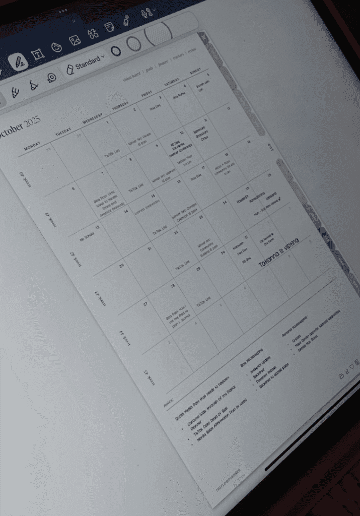 digital planner page with weekly schedule, notes, and fitness goals.