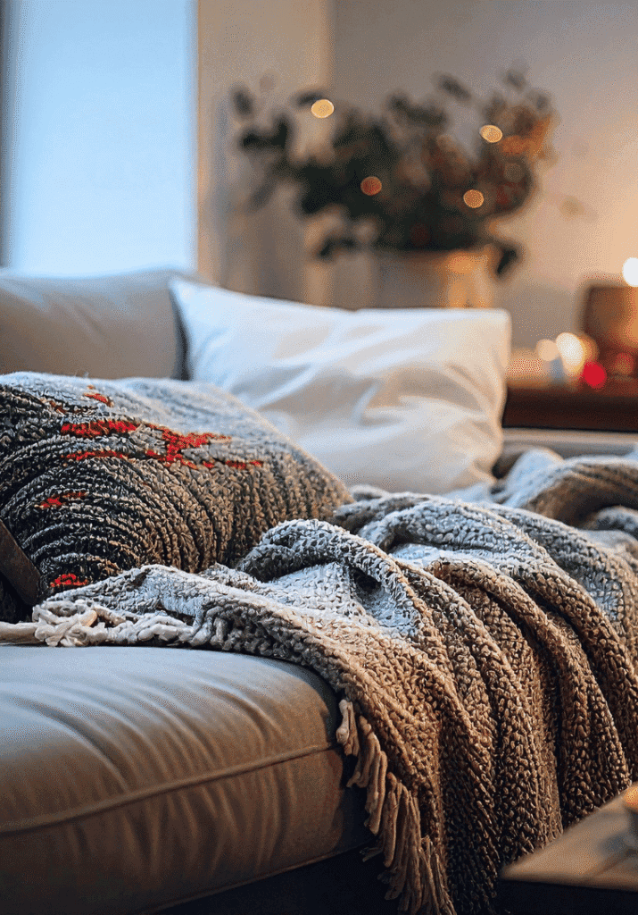 a pillow and blanket on a couch