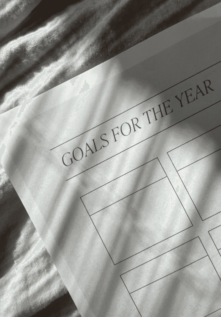 picture of a planner with the words, "goals for the new year"